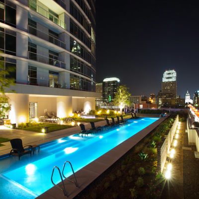 Photograph of the Austonian building pool deck.